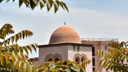 Cupola arancione dietro foglie verdi in una giornata soleggiata